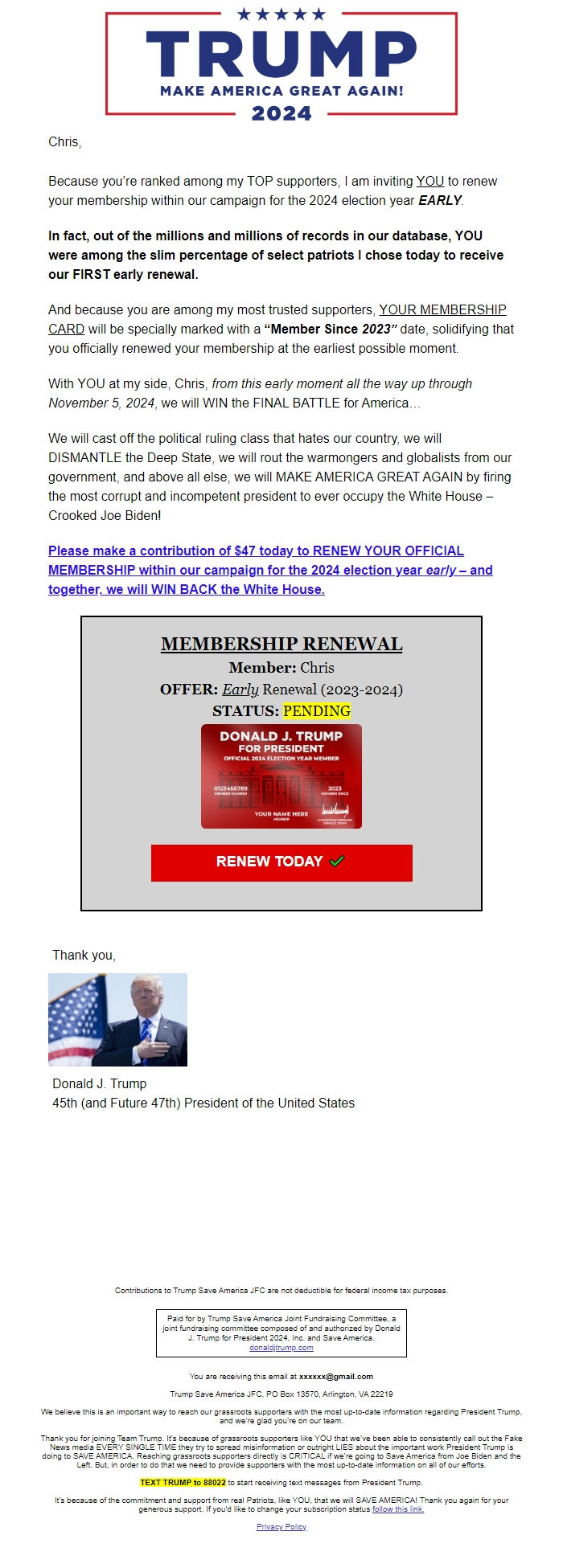 Screenshot of the email generated on import