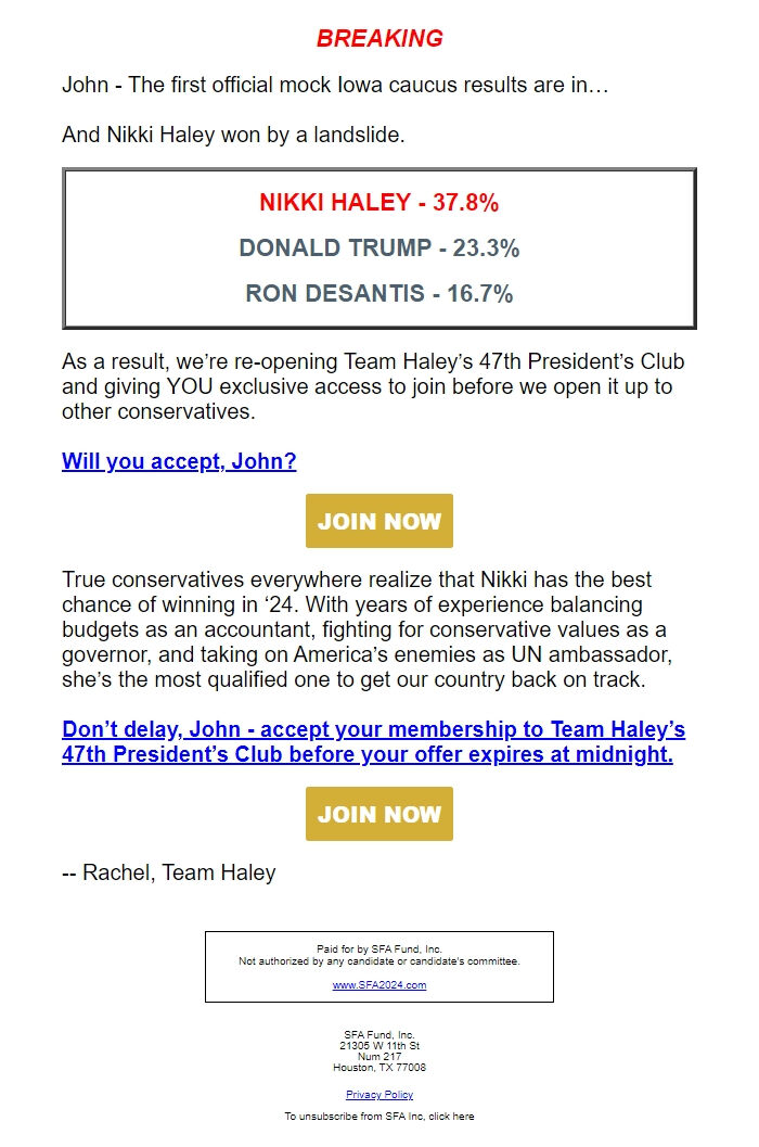 Screenshot of the email generated on import