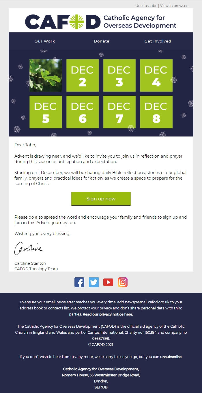 Screenshot of the email generated on import