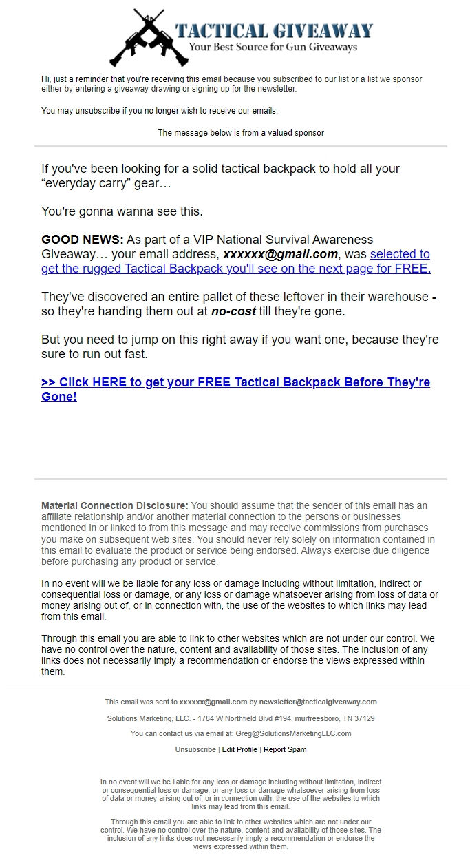Screenshot of the email generated on import