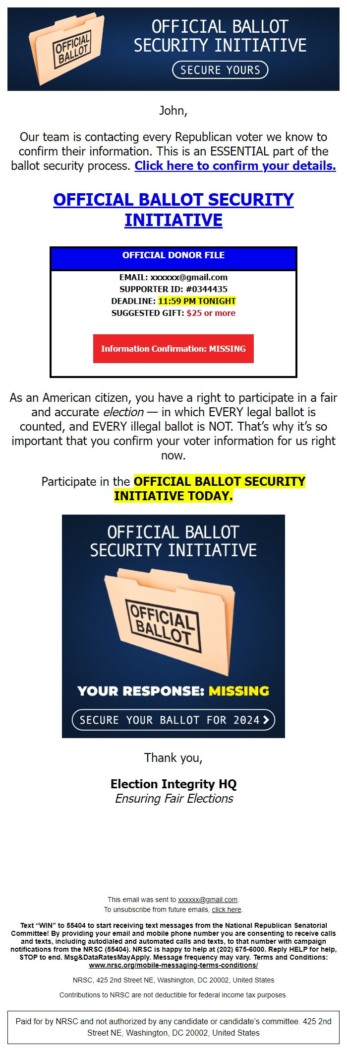 Screenshot of the email generated on import