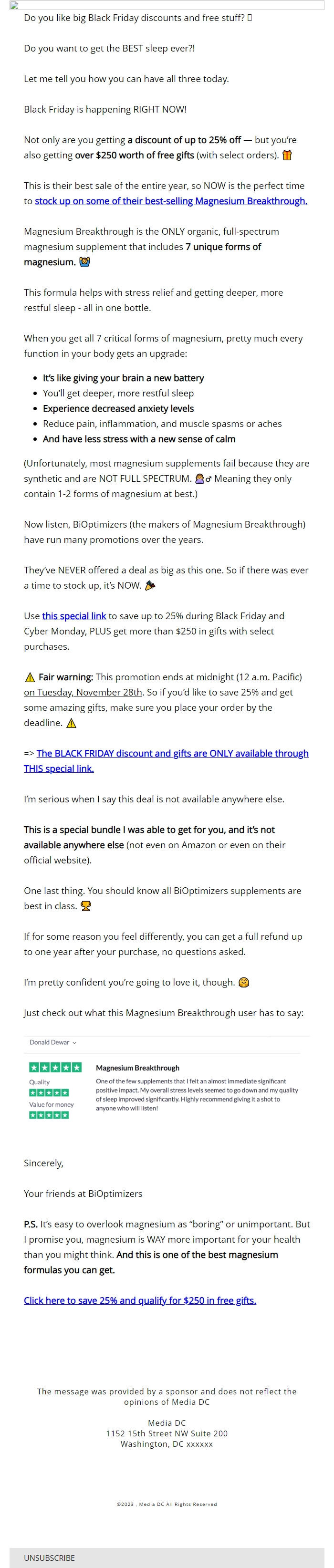 Screenshot of the email generated on import