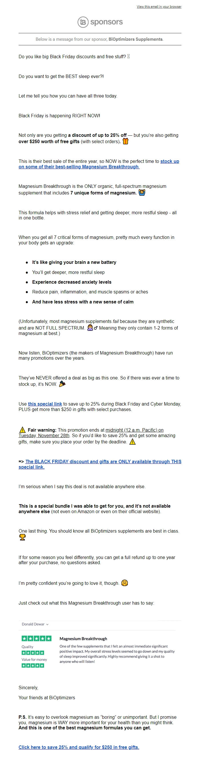 Screenshot of the email generated on import