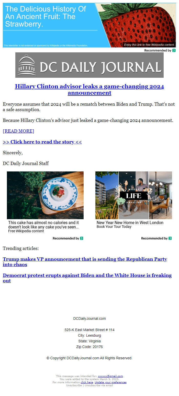 Screenshot of the email generated on import
