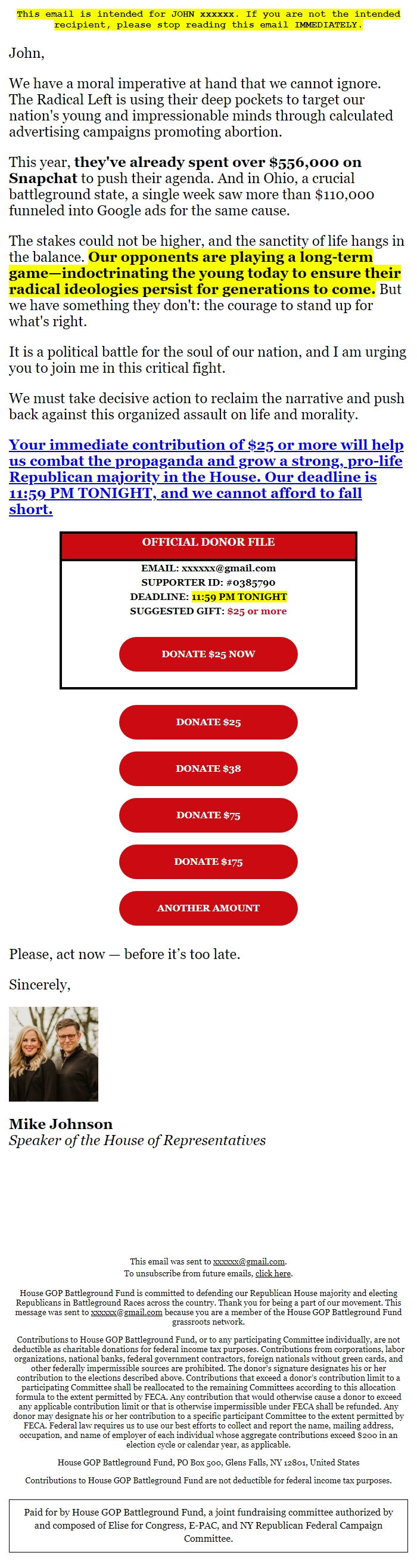 Screenshot of the email generated on import