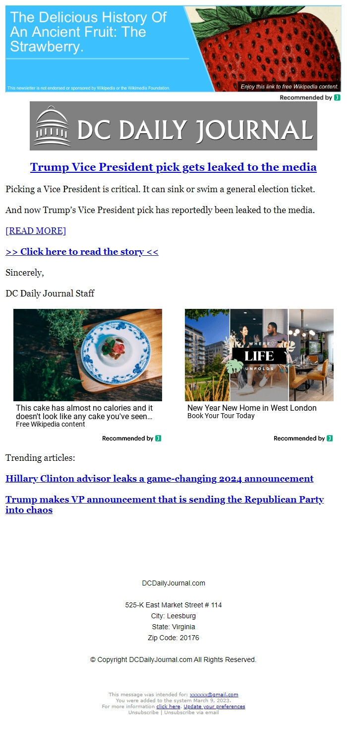 Screenshot of the email generated on import