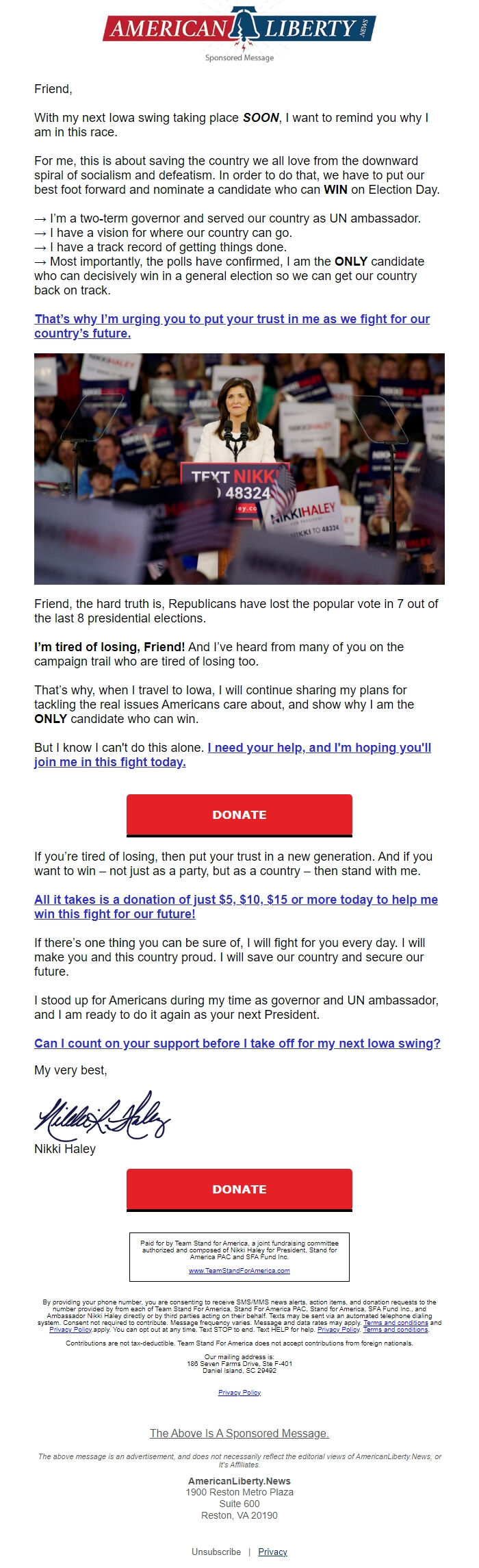 Screenshot of the email generated on import