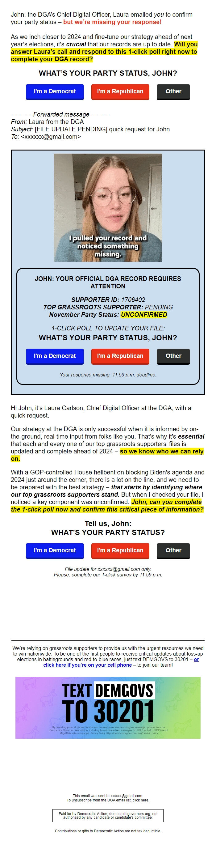 Screenshot of the email generated on import