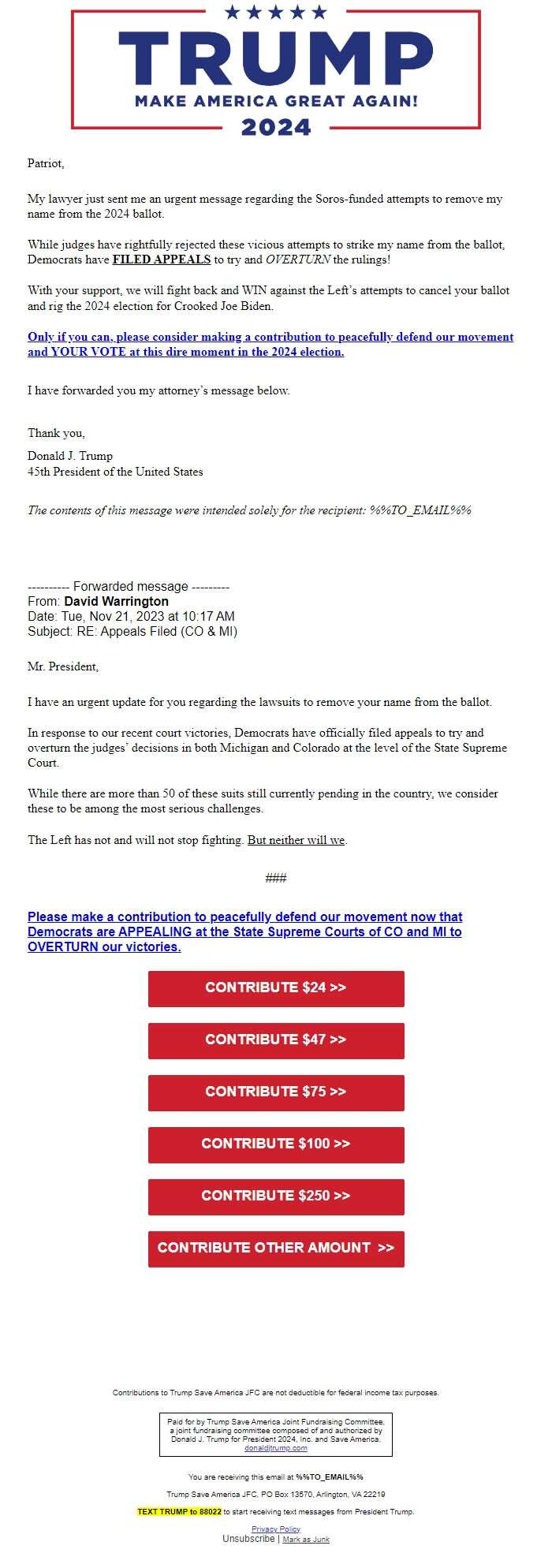 Screenshot of the email generated on import