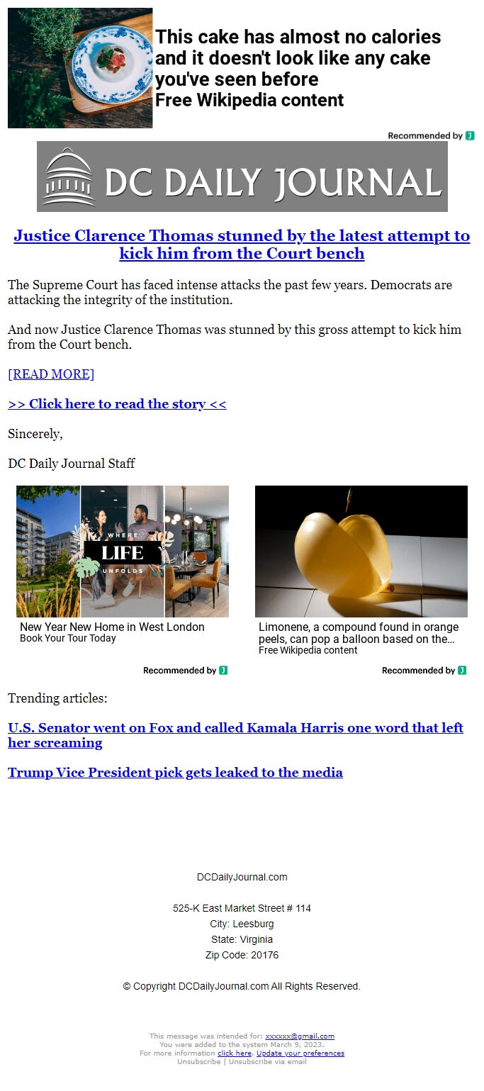 Screenshot of the email generated on import