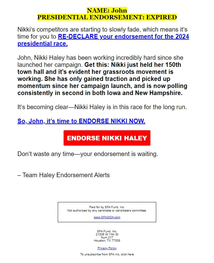 Screenshot of the email generated on import