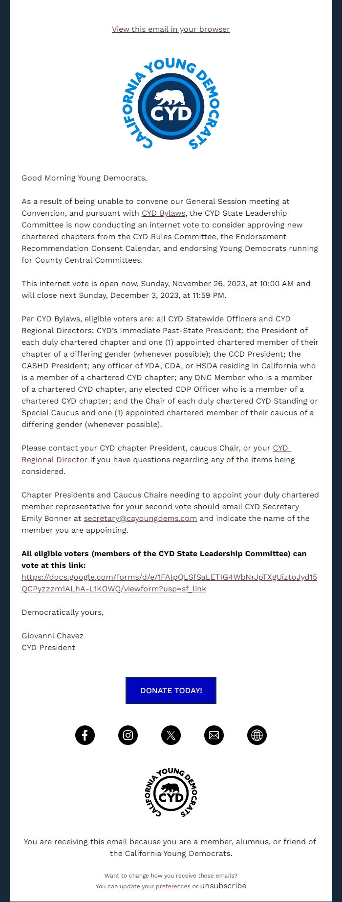Screenshot of the email generated on import