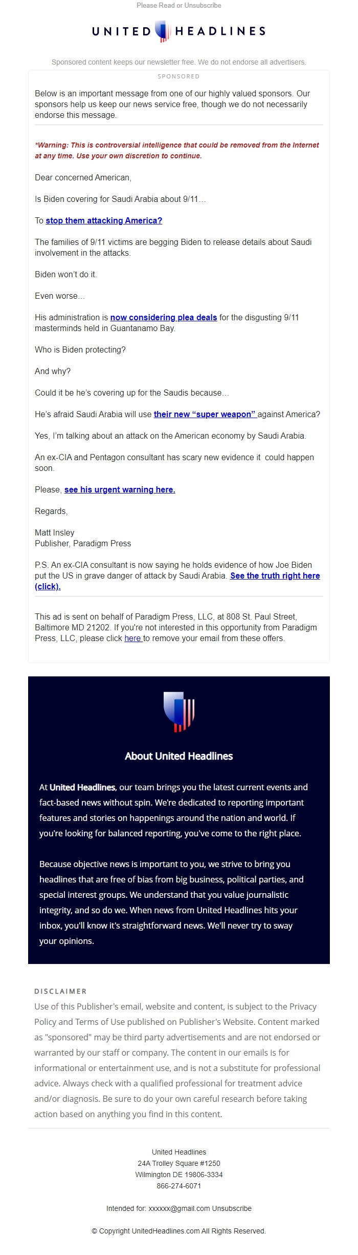 Screenshot of the email generated on import