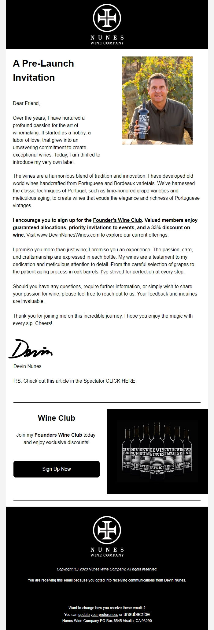 Screenshot of the email generated on import