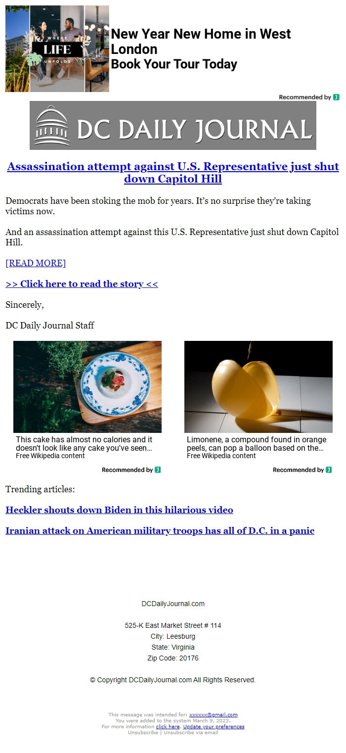 Screenshot of the email generated on import