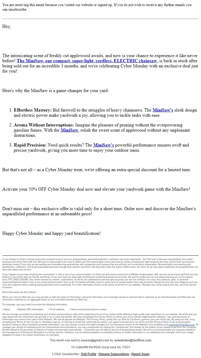 Screenshot of the email generated on import