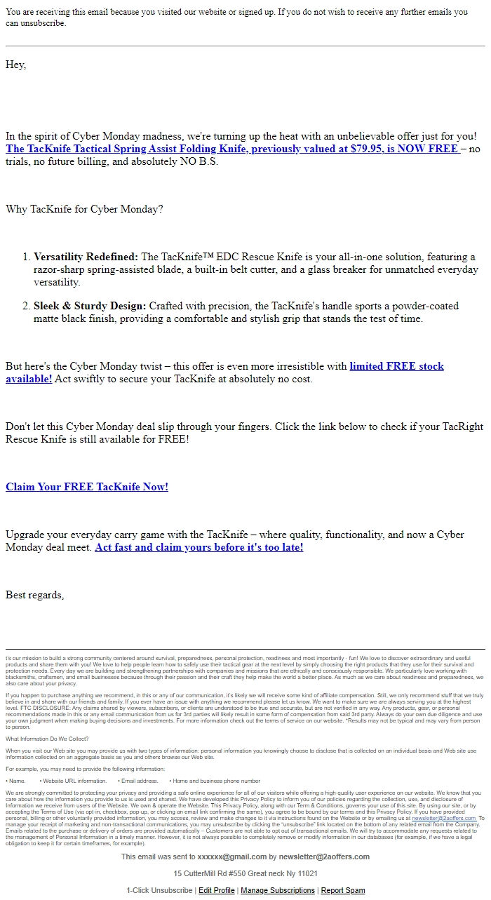 Screenshot of the email generated on import