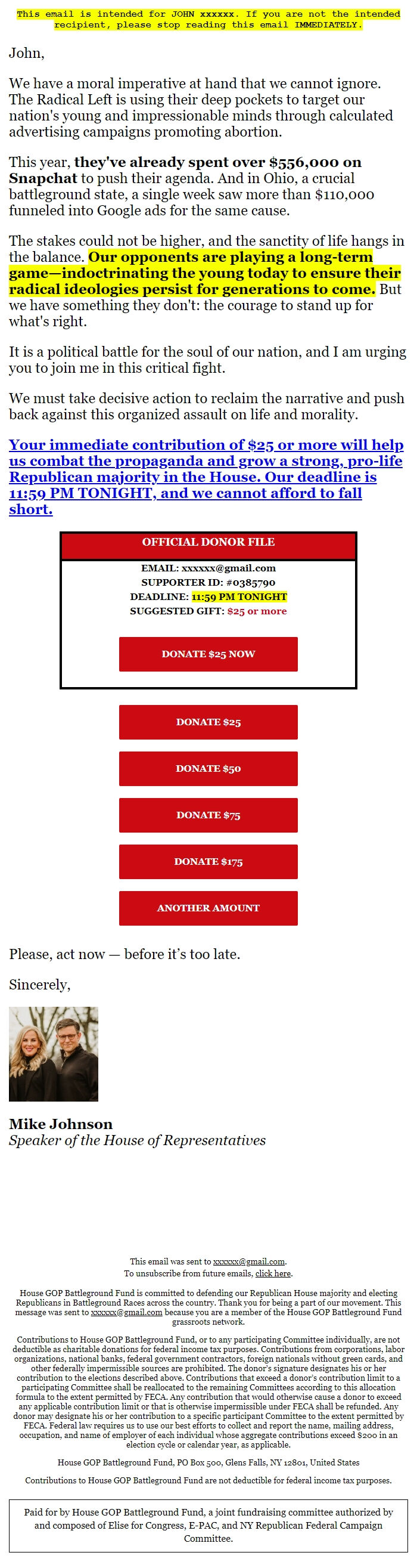 Screenshot of the email generated on import