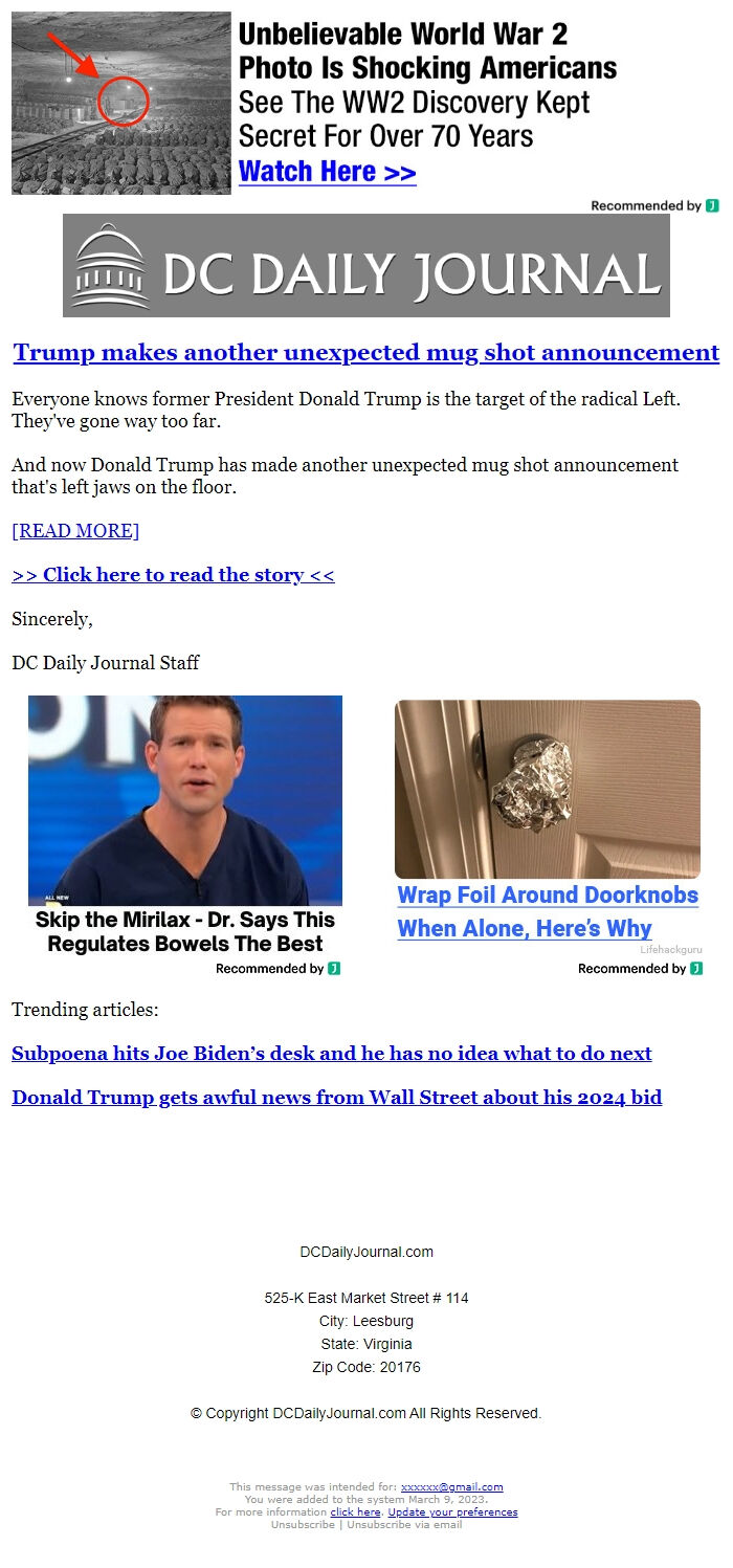 Screenshot of the email generated on import