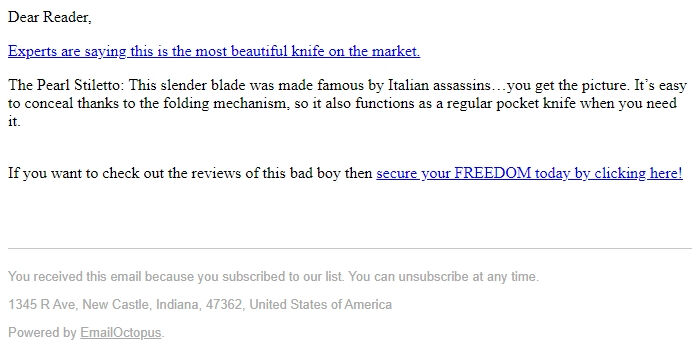 Screenshot of the email generated on import