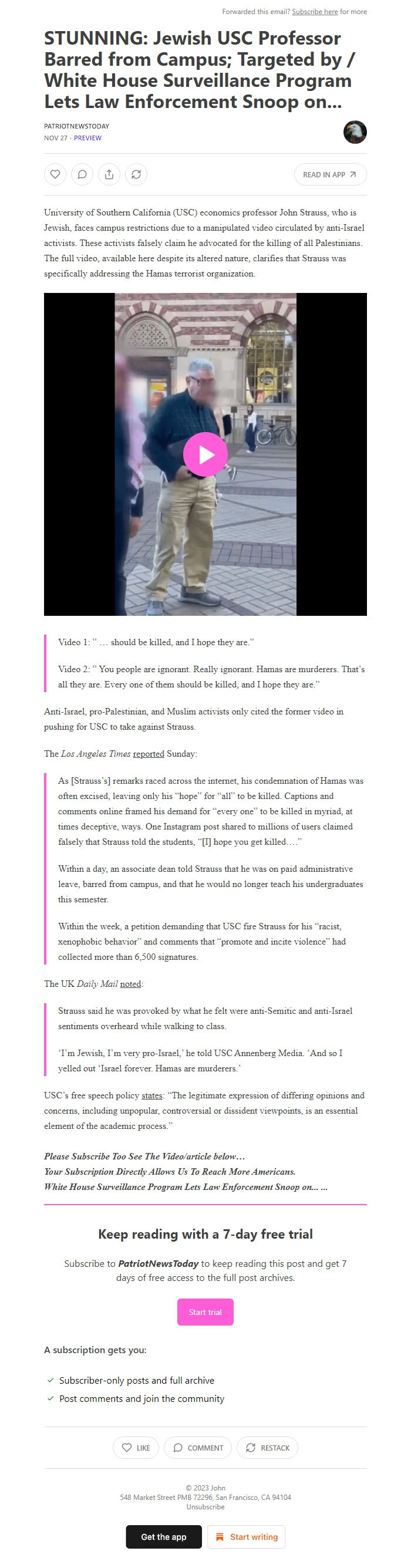 Screenshot of the email generated on import