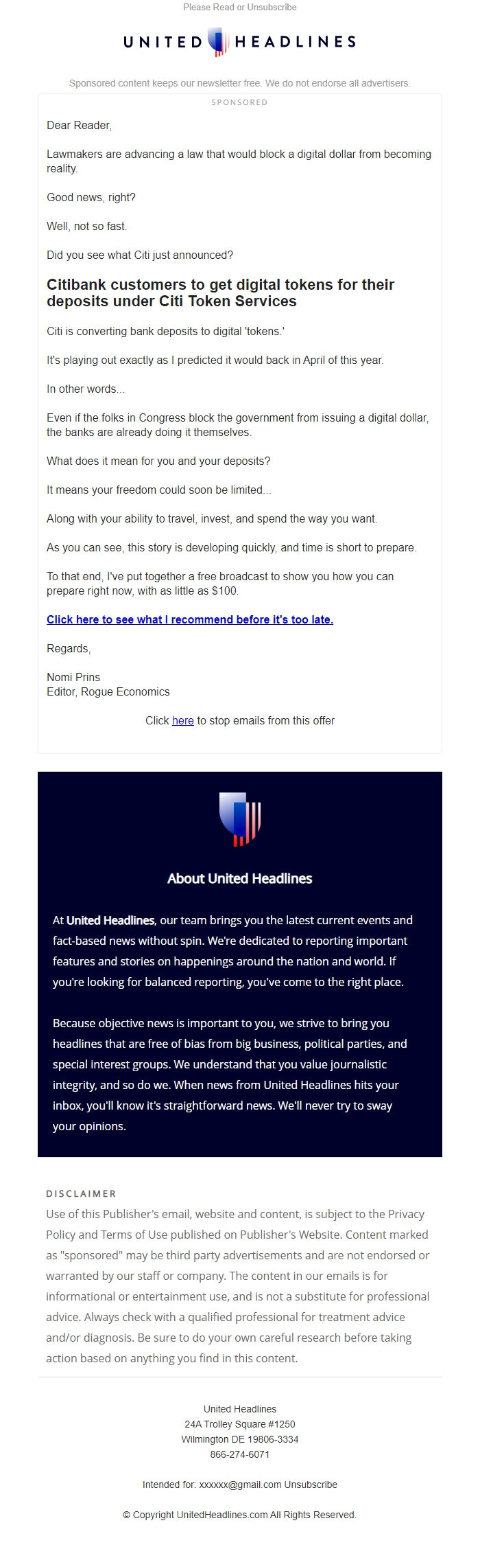 Screenshot of the email generated on import