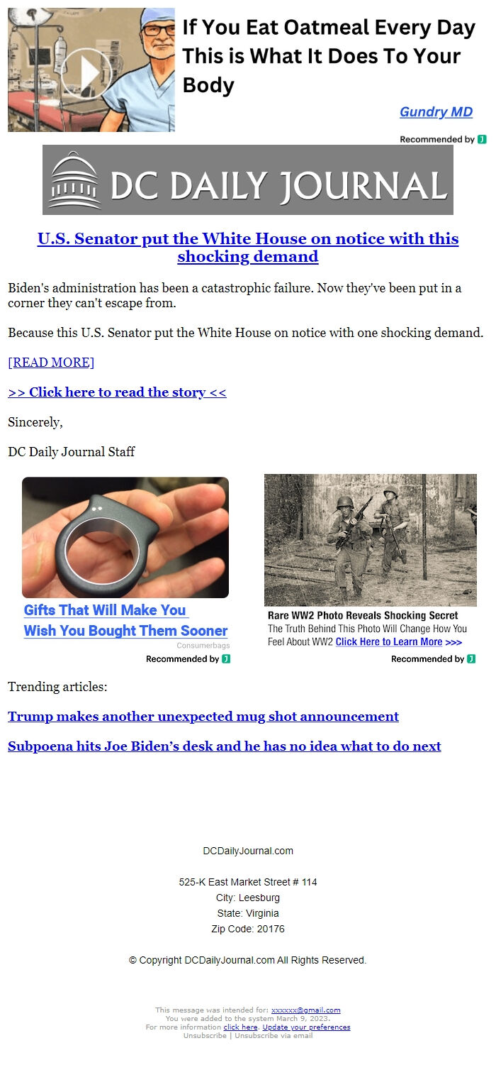 Screenshot of the email generated on import