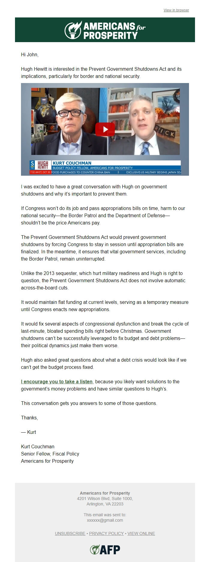 Screenshot of the email generated on import