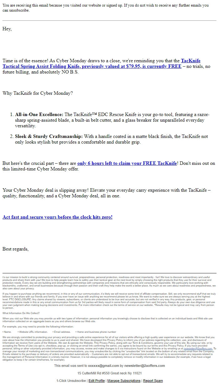 Screenshot of the email generated on import