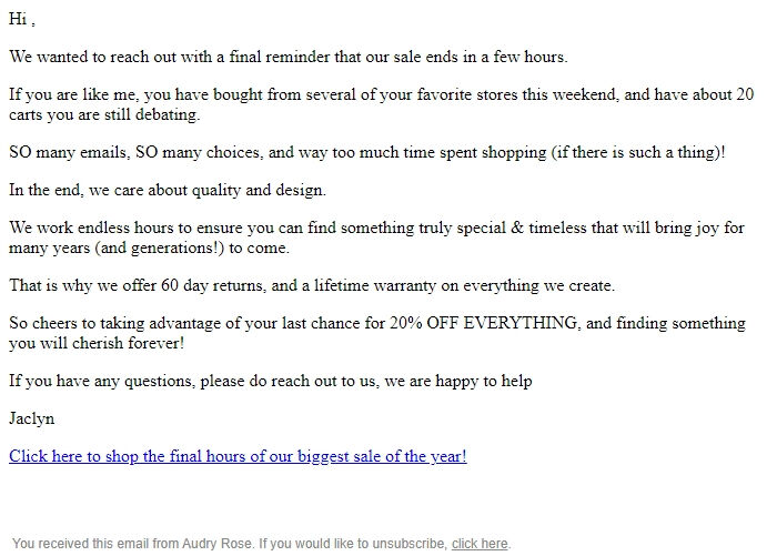 Screenshot of the email generated on import