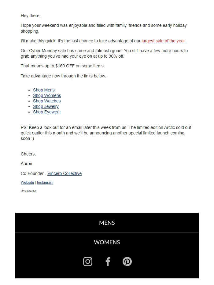 Screenshot of the email generated on import
