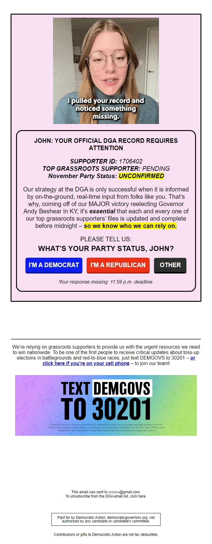 Screenshot of the email generated on import