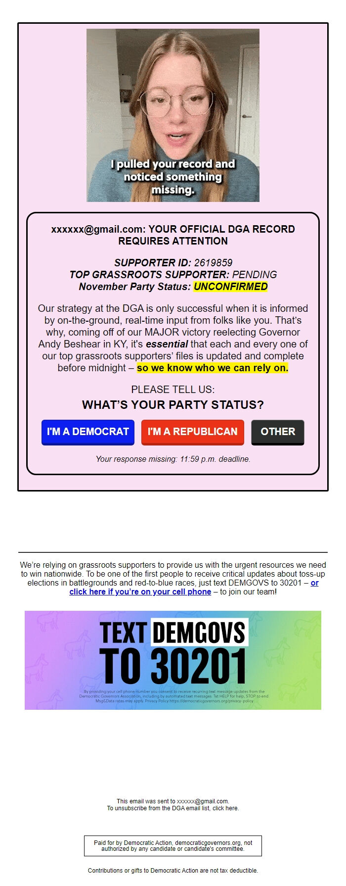 Screenshot of the email generated on import