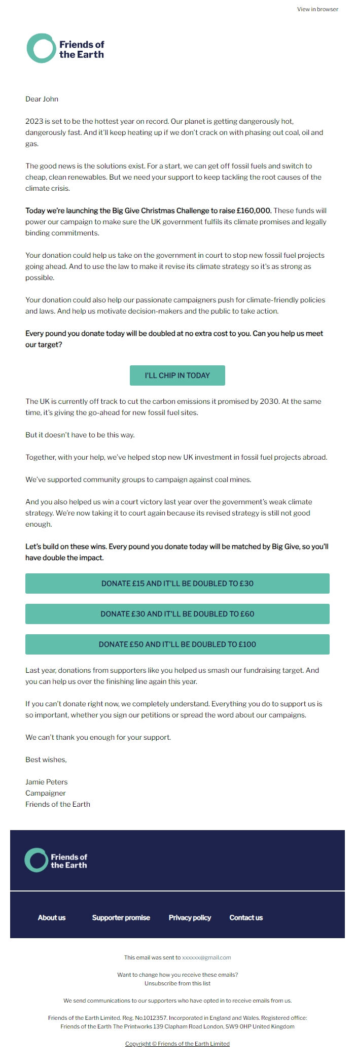 Screenshot of the email generated on import