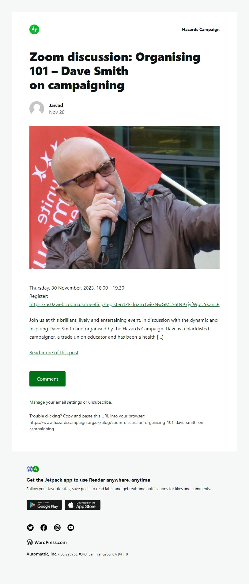 Screenshot of the email generated on import