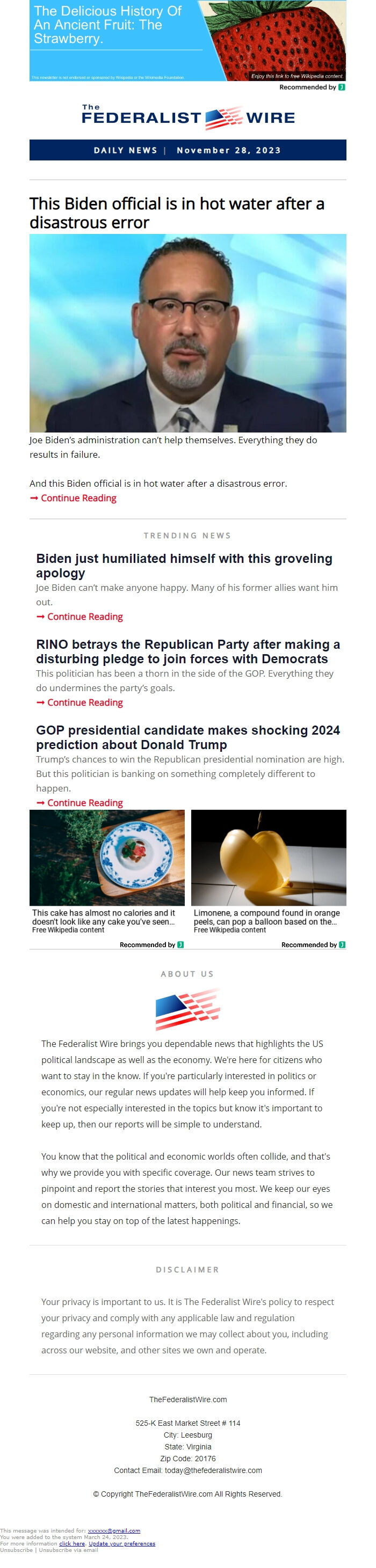 Screenshot of the email generated on import