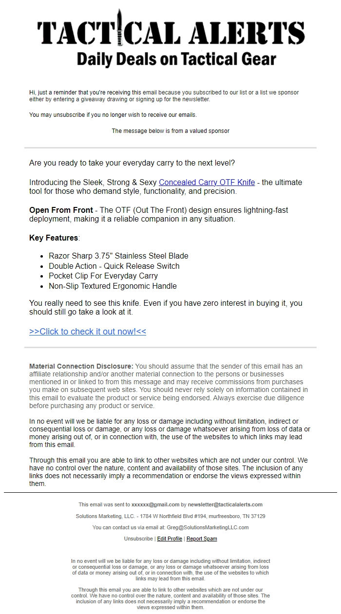 Screenshot of the email generated on import