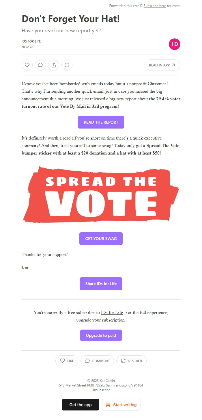 Screenshot of the email generated on import