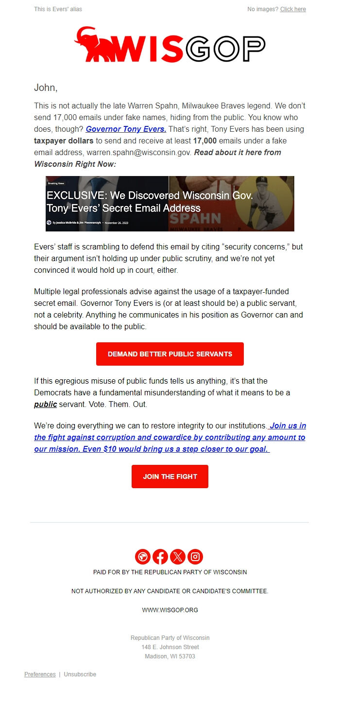 Screenshot of the email generated on import