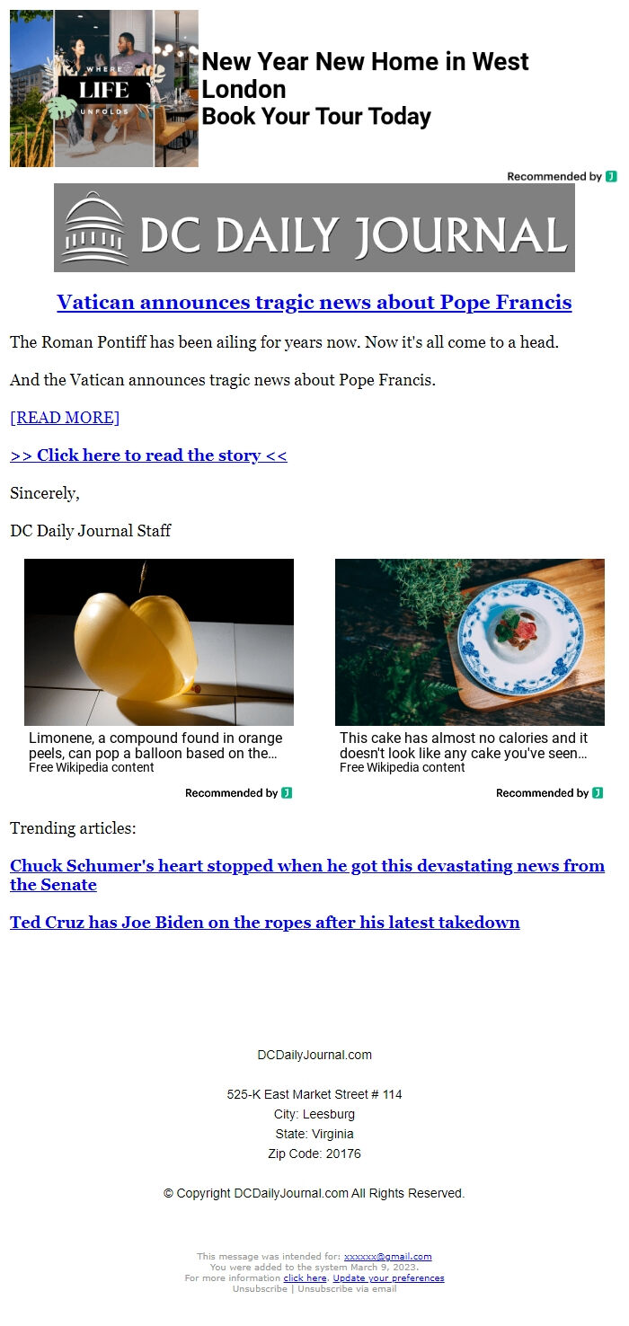 Screenshot of the email generated on import