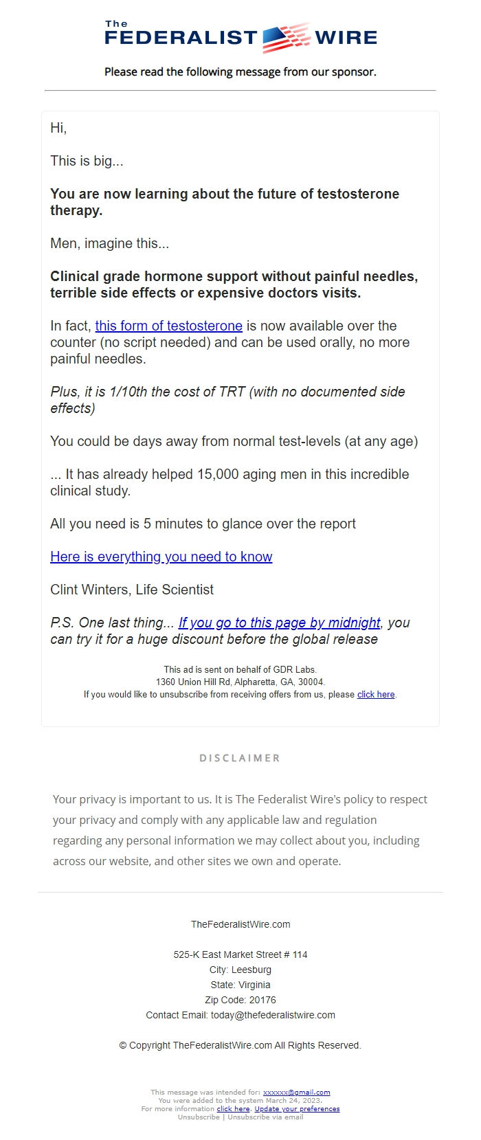 Screenshot of the email generated on import