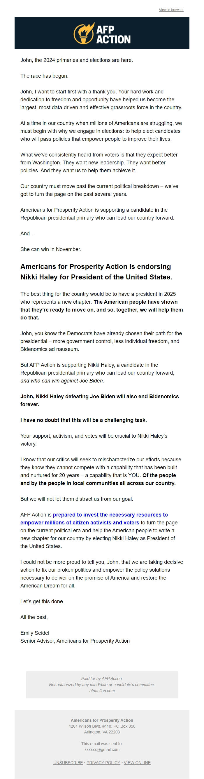 Screenshot of the email generated on import