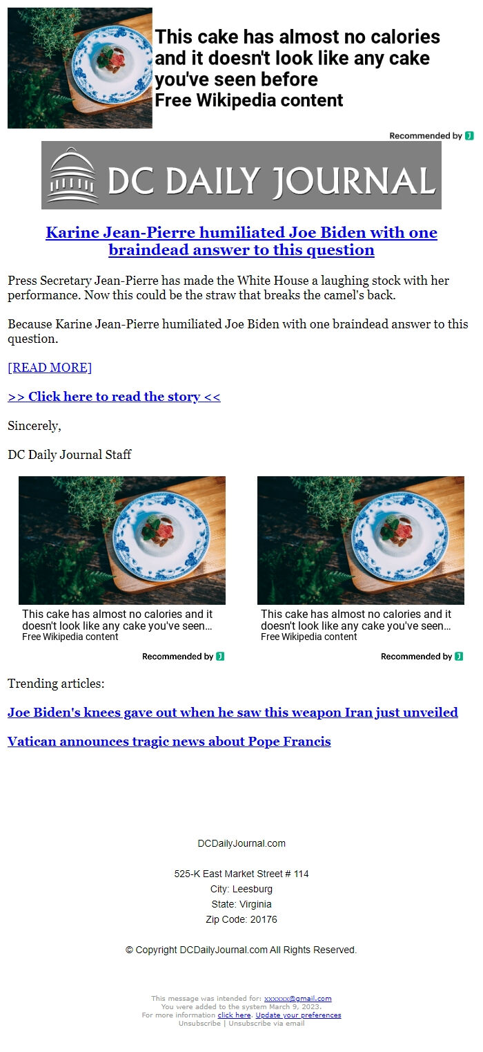 Screenshot of the email generated on import