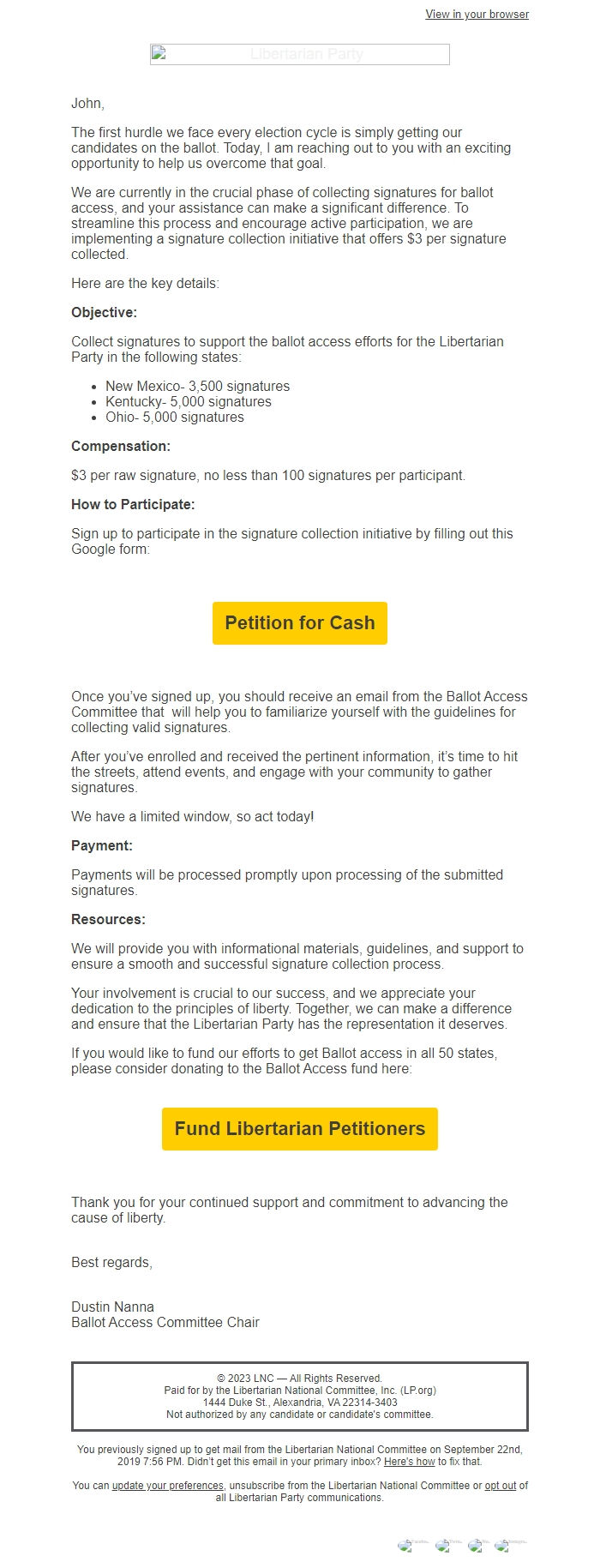 Screenshot of the email generated on import