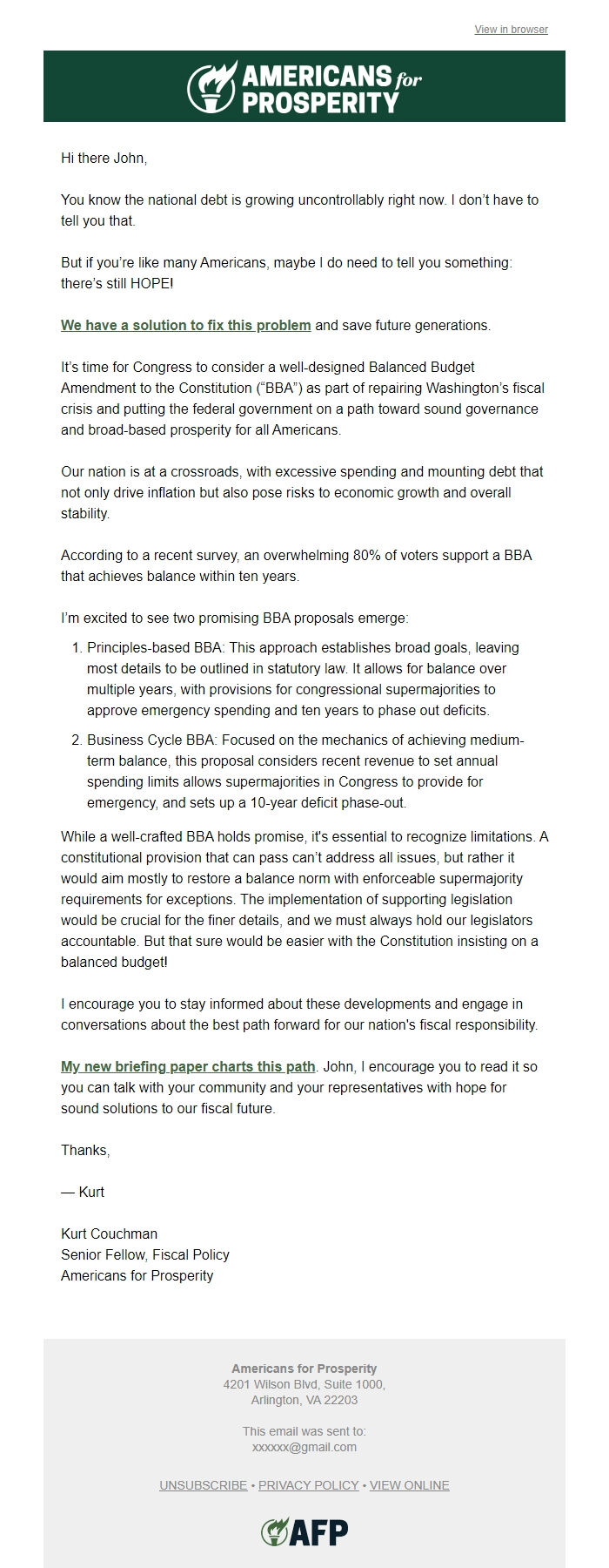 Screenshot of the email generated on import
