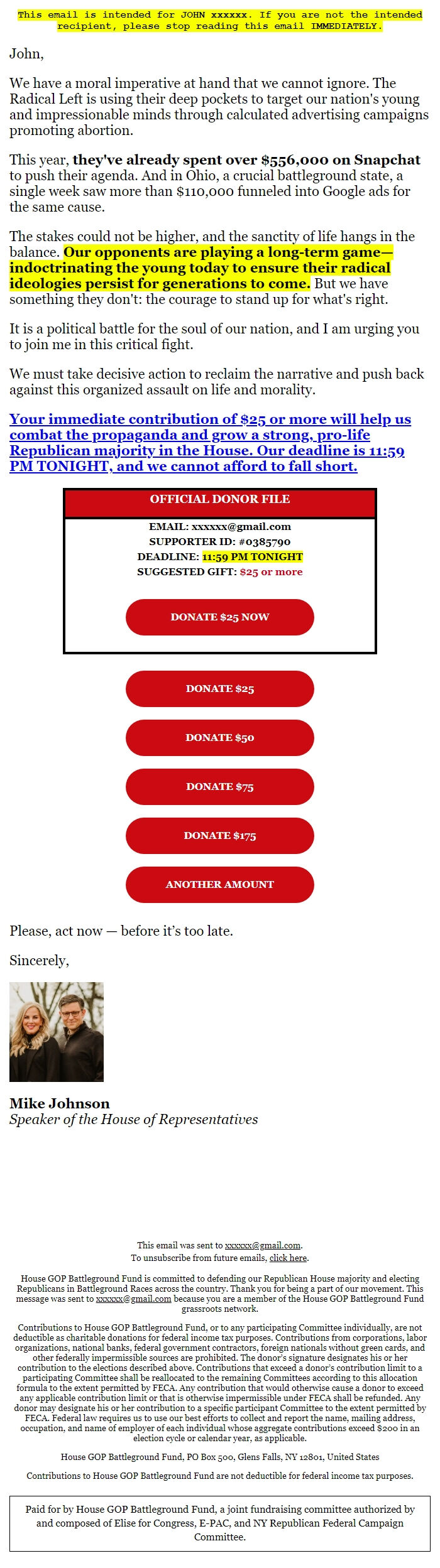 Screenshot of the email generated on import