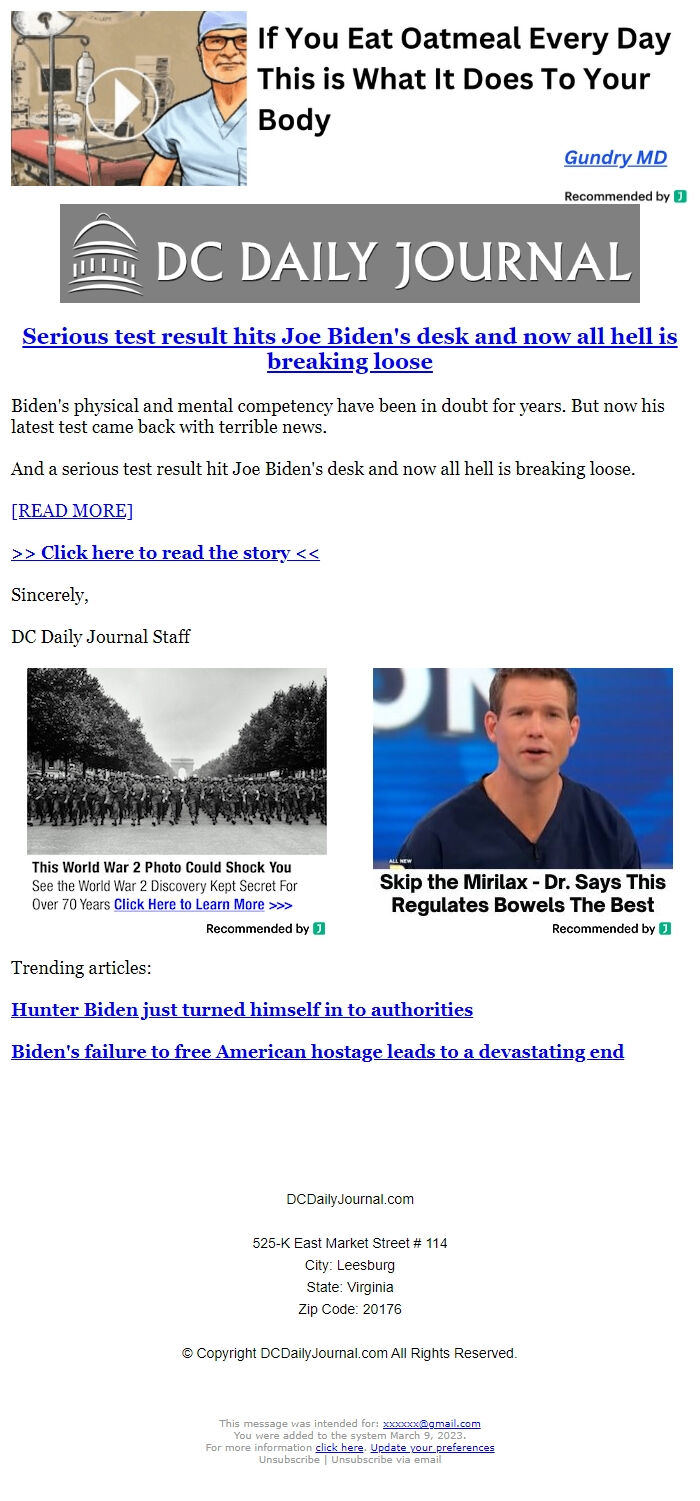 Screenshot of the email generated on import
