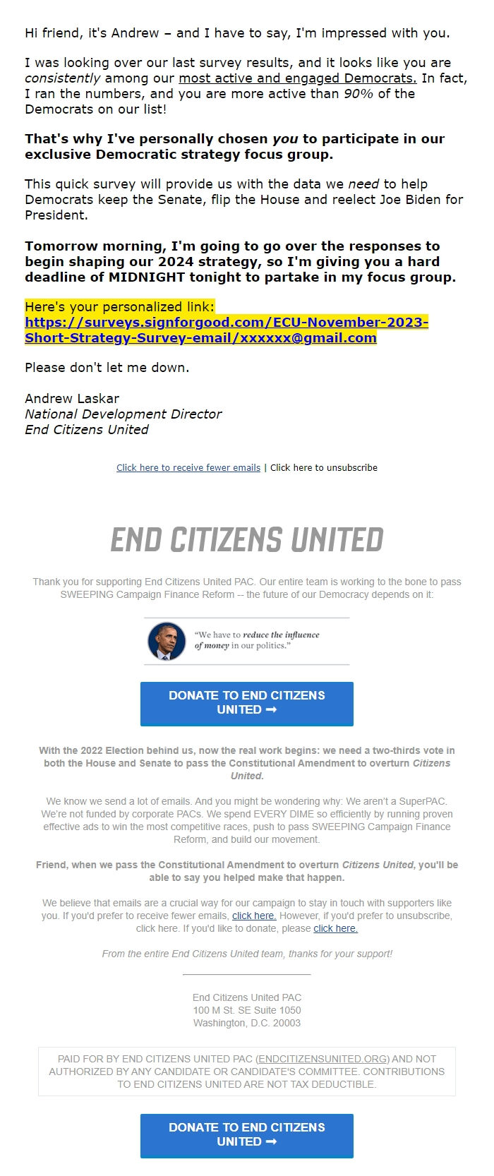 Screenshot of the email generated on import