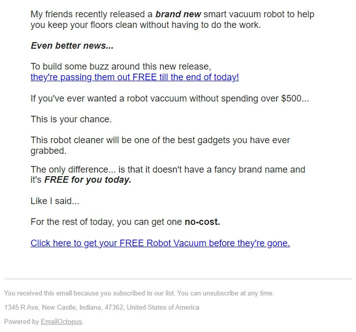 Screenshot of the email generated on import