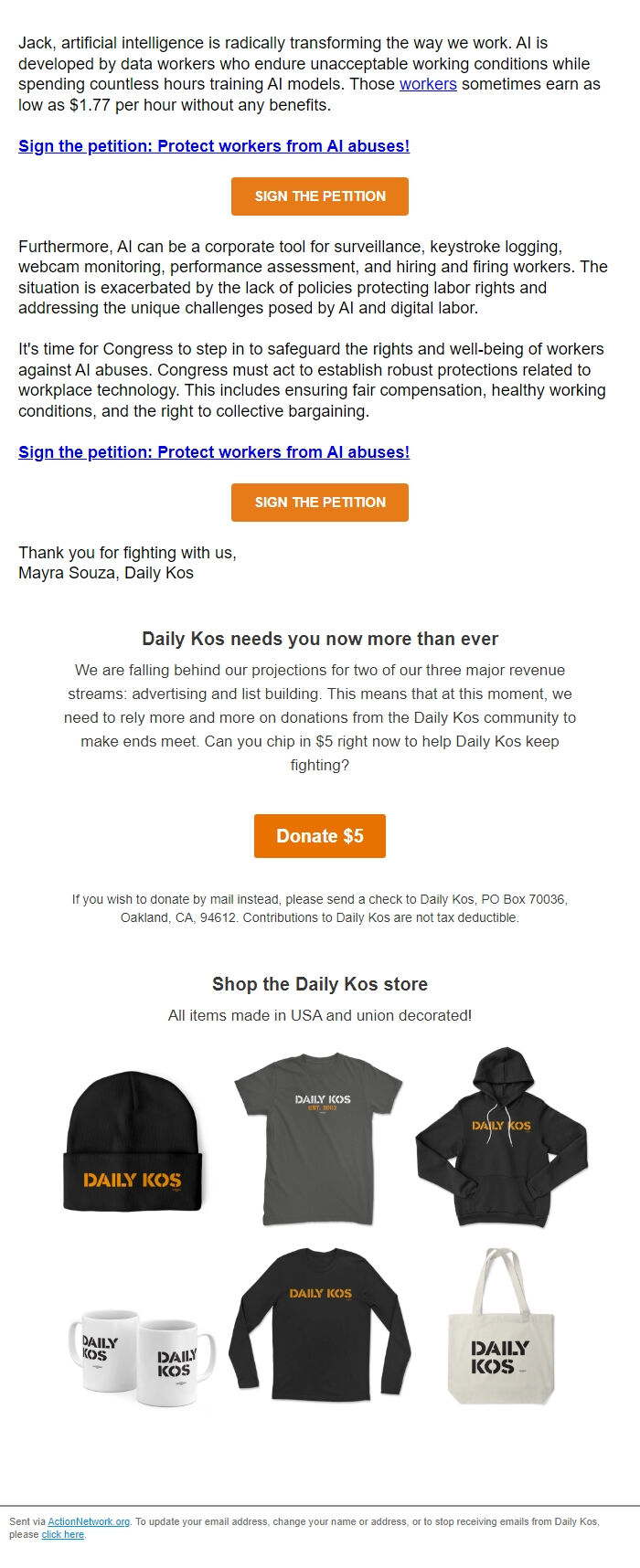 Screenshot of the email generated on import